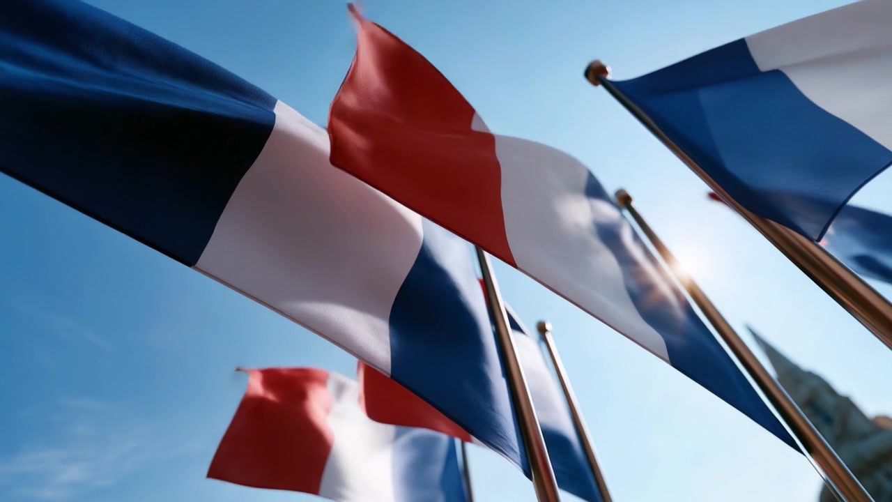 A Vibrant Display of Flags with Sunlight Glinting, Showcasing Colorful Patterns Against a Clear Blue Sky in an Exuberant Atmosphere of Celebration