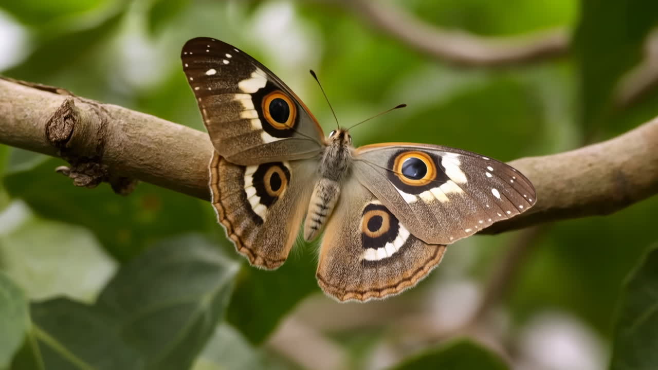 Farfalla Buckeye posata su un ramo, ritratto macro che mostra vividi motivi a ocello e ali spiegate.