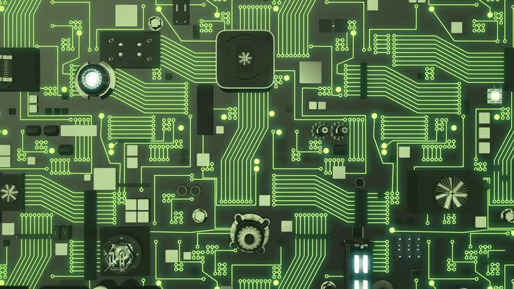 Concetto di hardware con una scheda di circuito futuristica verde illuminata.
