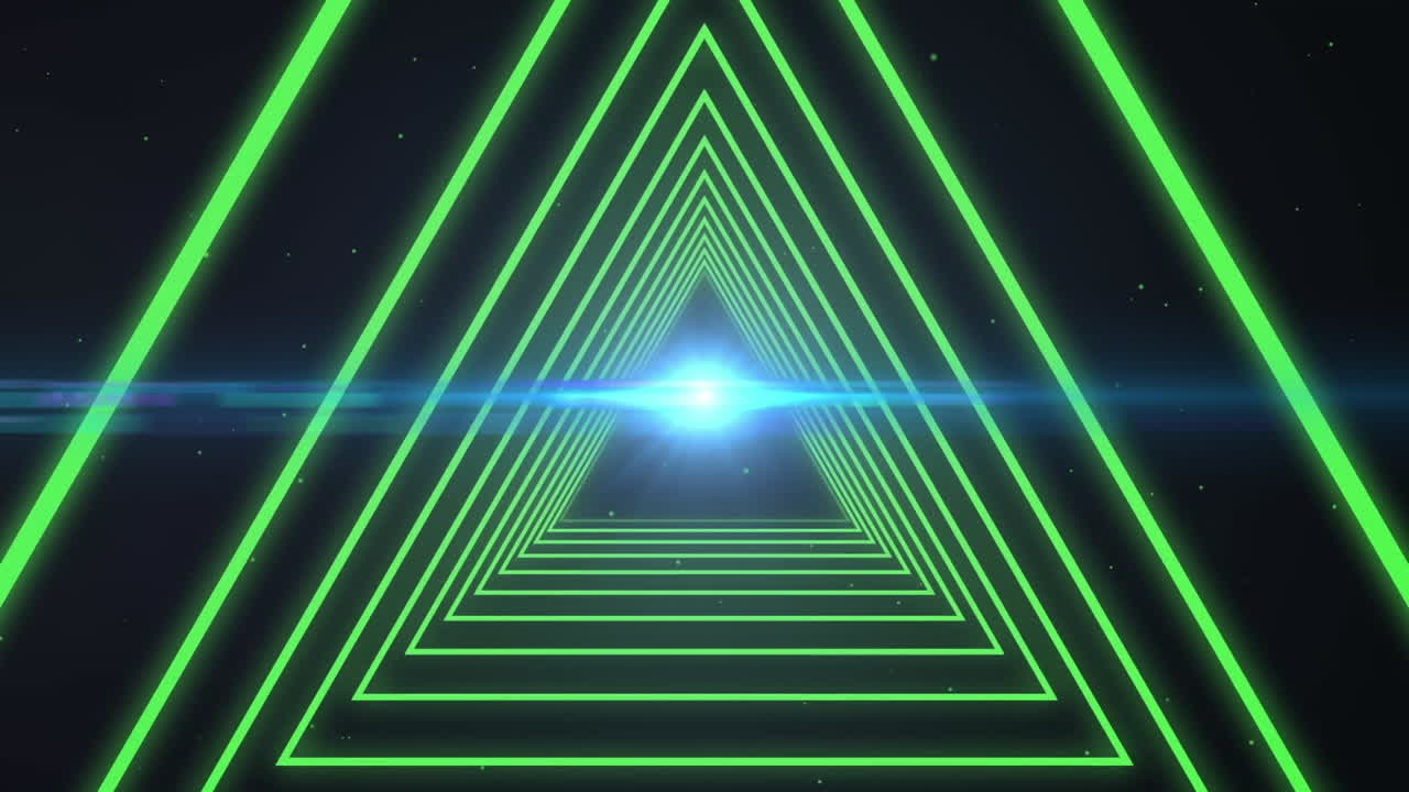 animación digital de formas de triángulos en movimiento sin fisuras contra un punto de luz sobre un fondo negro