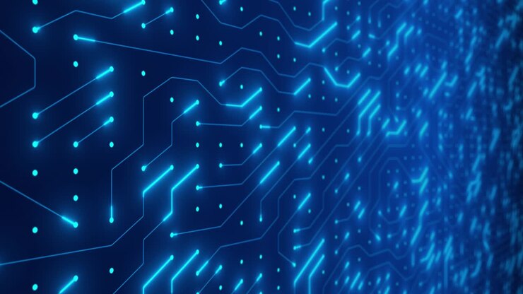 Circuito stampato con elettroni in movimento. Sfondo astratto blu di circuito elettronico. Intelligenza Artificiale