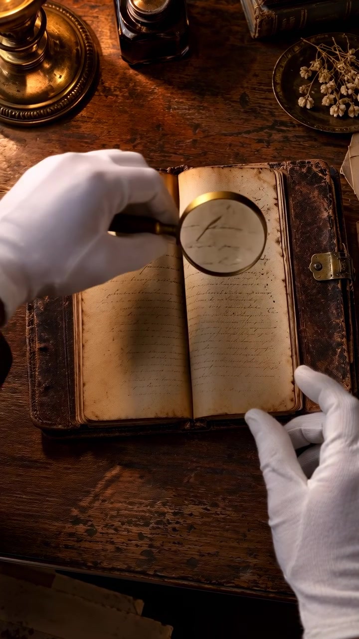 Mani guantate di bianco aprono con cura pagine ingiallite prima di guidare una lente d'ingrandimento rotonda su fitte righe manoscritte, con carta invecchiata e legno scuro che riempiono la composizione dall'alto