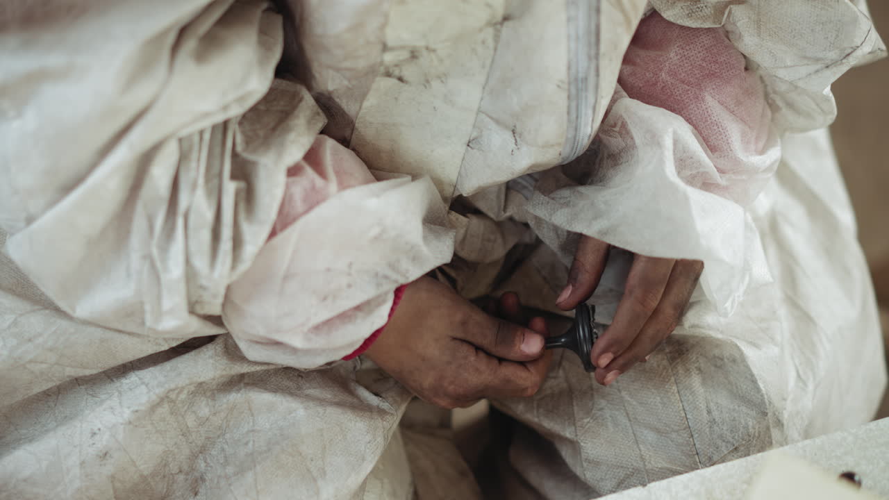 Close up of dirty child hands grasping black chess piece while wearing torn stained protective suit, symbolizing contrast between innocence, survival, and strategic thinking