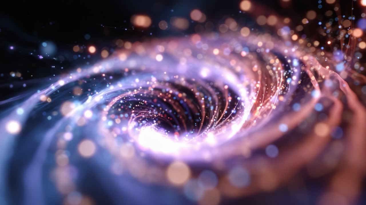 Un etereo vortice cosmico di particelle colorate e raggi luminescenti che crea un'esperienza visiva ipnotica di una galassia dinamica o di un viaggio interstellare.