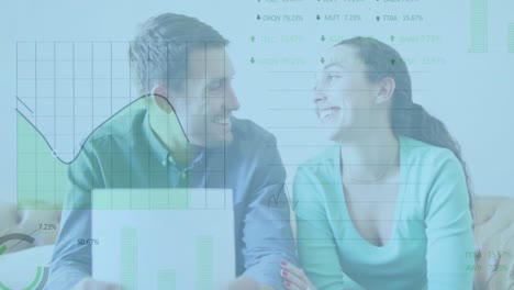 animation of stock market data processing over caucasian couple calculating finances at at home