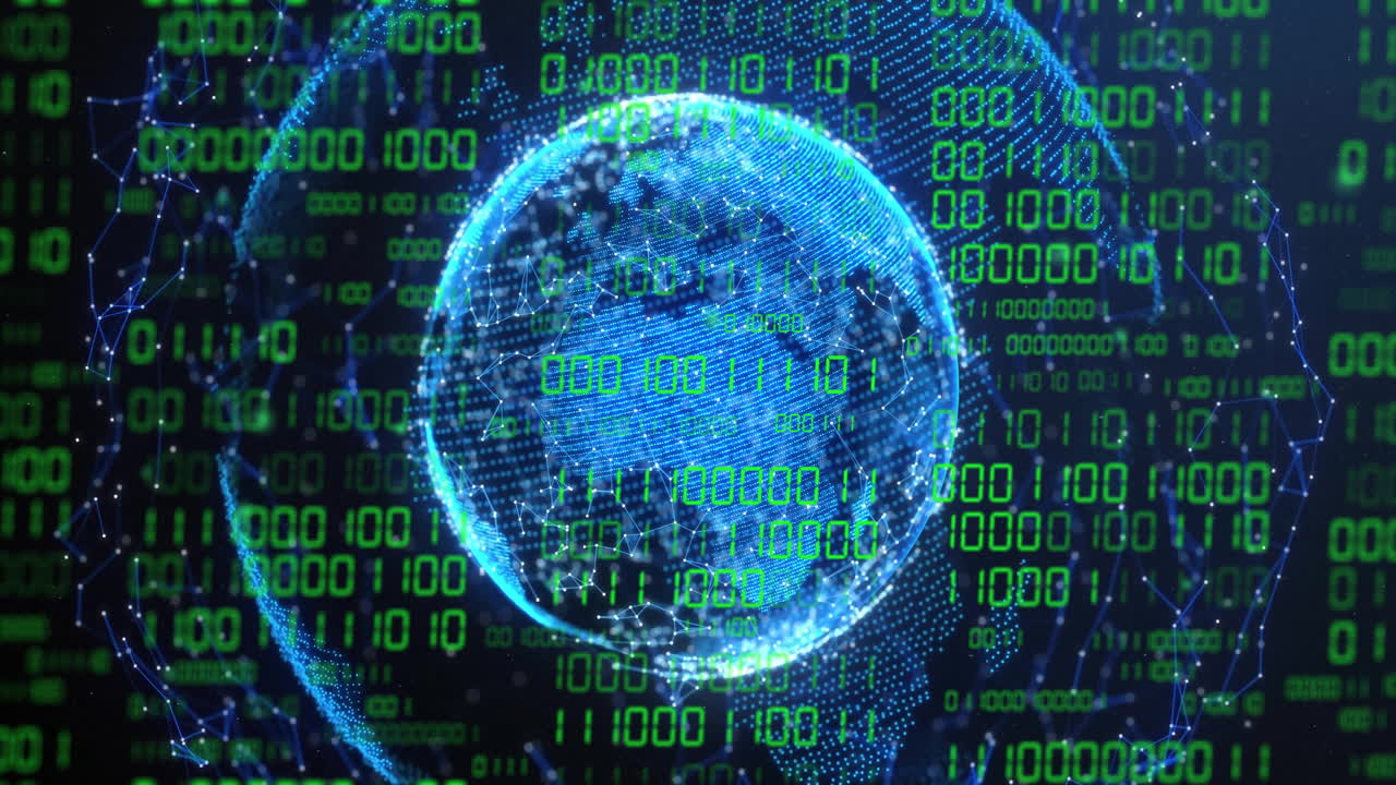 Animation of globe with binary coding and data processing over dark background