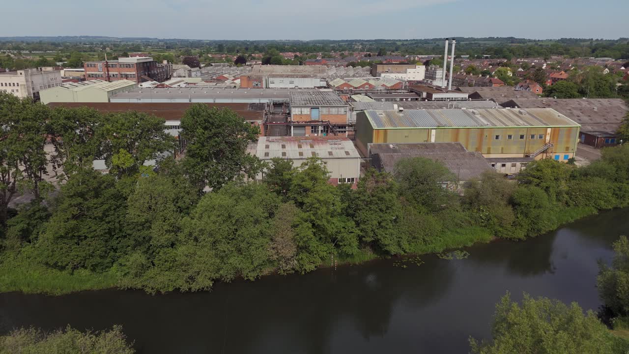 Aerial shot of disused tyre factory in Melksham UK on a sunny day.