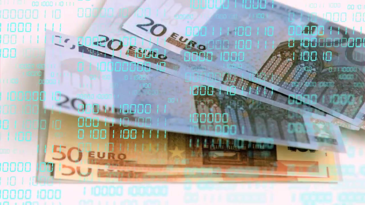 Ramme fem starter, 20-dollarsedler glider og afslører 50-dollarsedler under et turkis binært overlay, der viser værdiskift.
