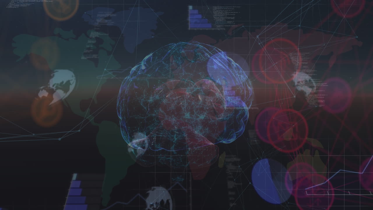 Animation of rotating brain with connections over world map and diverse data