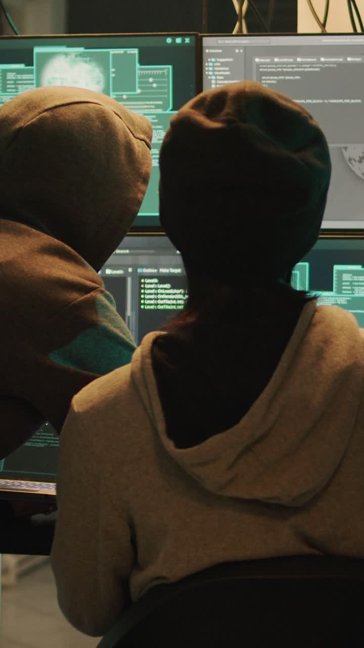Vertical video: Team of cyber spies looking at firewall encryption to break network system
