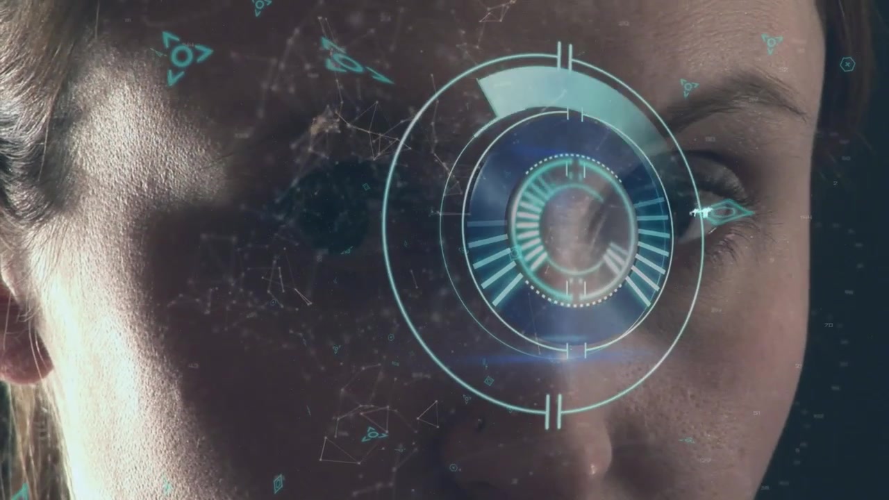 Animation of processing circle and connections over face of caucasian woman