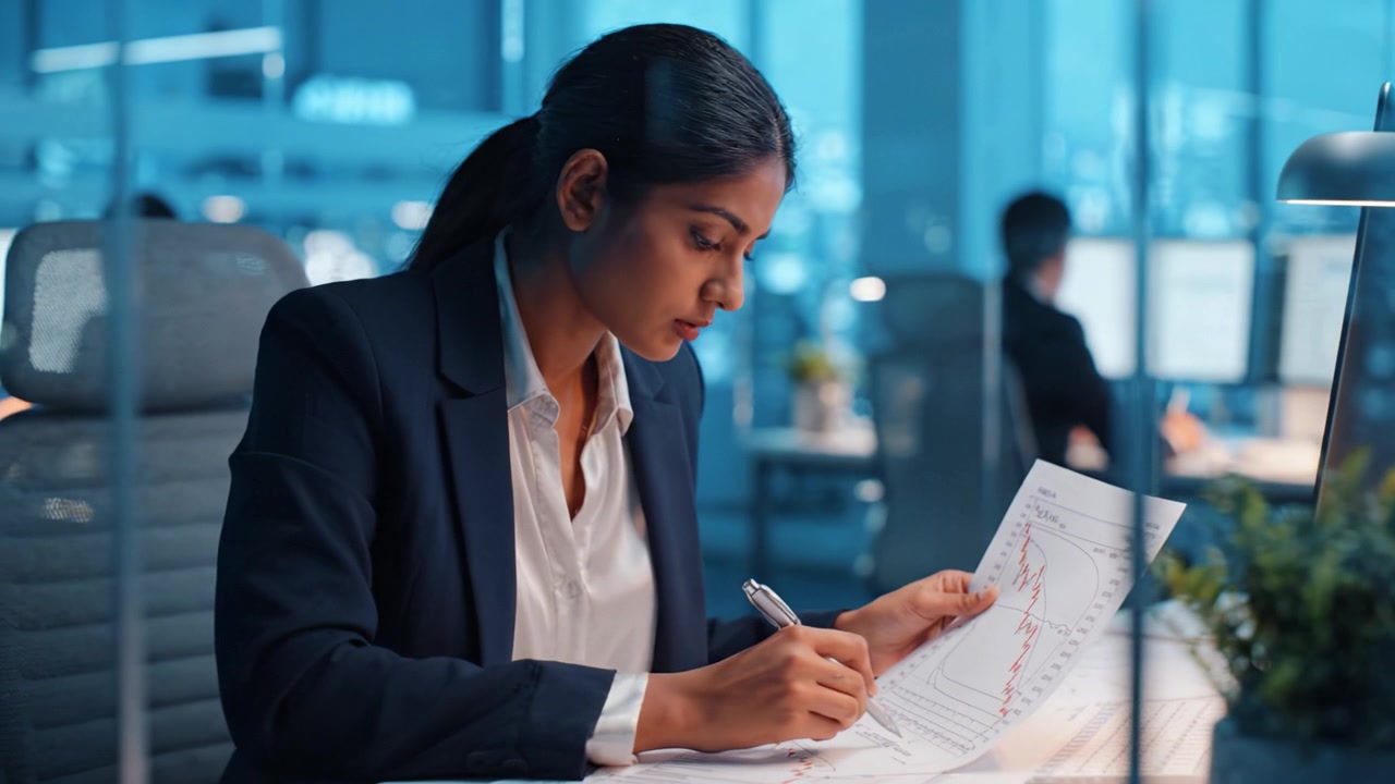 Professionista concentrato che esamina documenti aziendali con grafici di dati, mostrando concentrazione e dedizione in un moderno ambiente d'ufficio di notte.