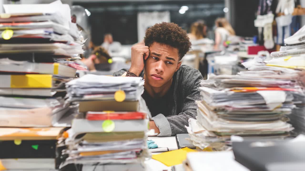 A Young Individual Buried Under a Mountain of Paperwork, Capturing the Frustration and Overwhelm of Academic or Professional Responsibilities in a Busy Workspace