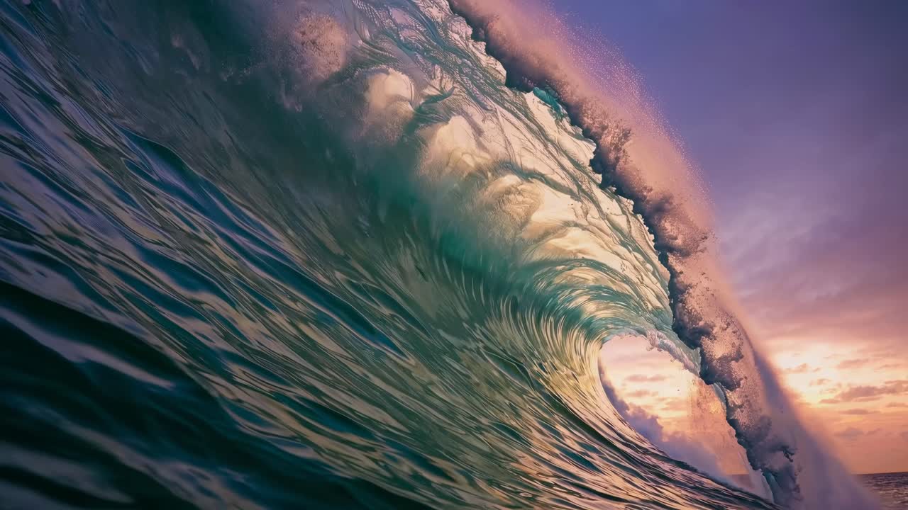 Dynamic video concept of a breaking wave captured from a low-angle, showcasing the ocean's power