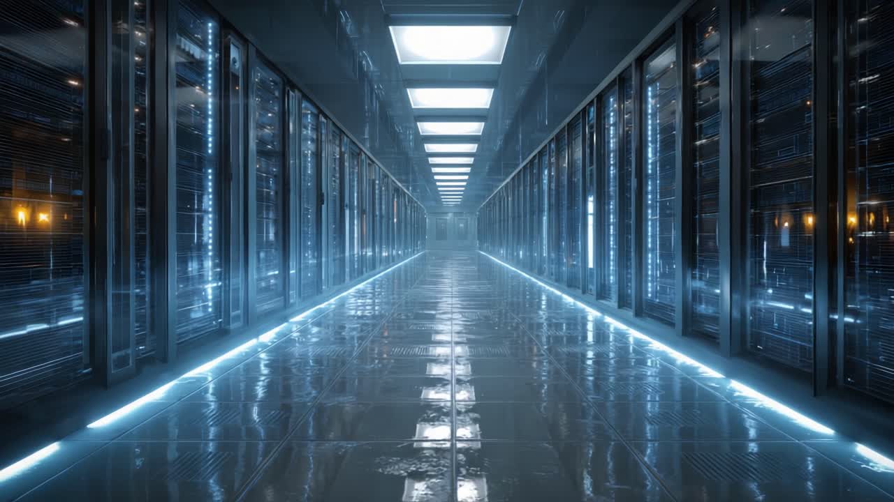 Et Kig Ind i Fremtiden: En Oplyst Datacenterkorridor, der Viser Avanceret Serverteknologi og Forbedret Netværksinfrastruktur
