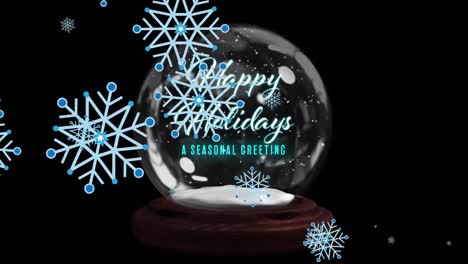 Animation-of-christmas-snowflakes-falling-over-snow-globe-with-happy-holidays-on-black-background