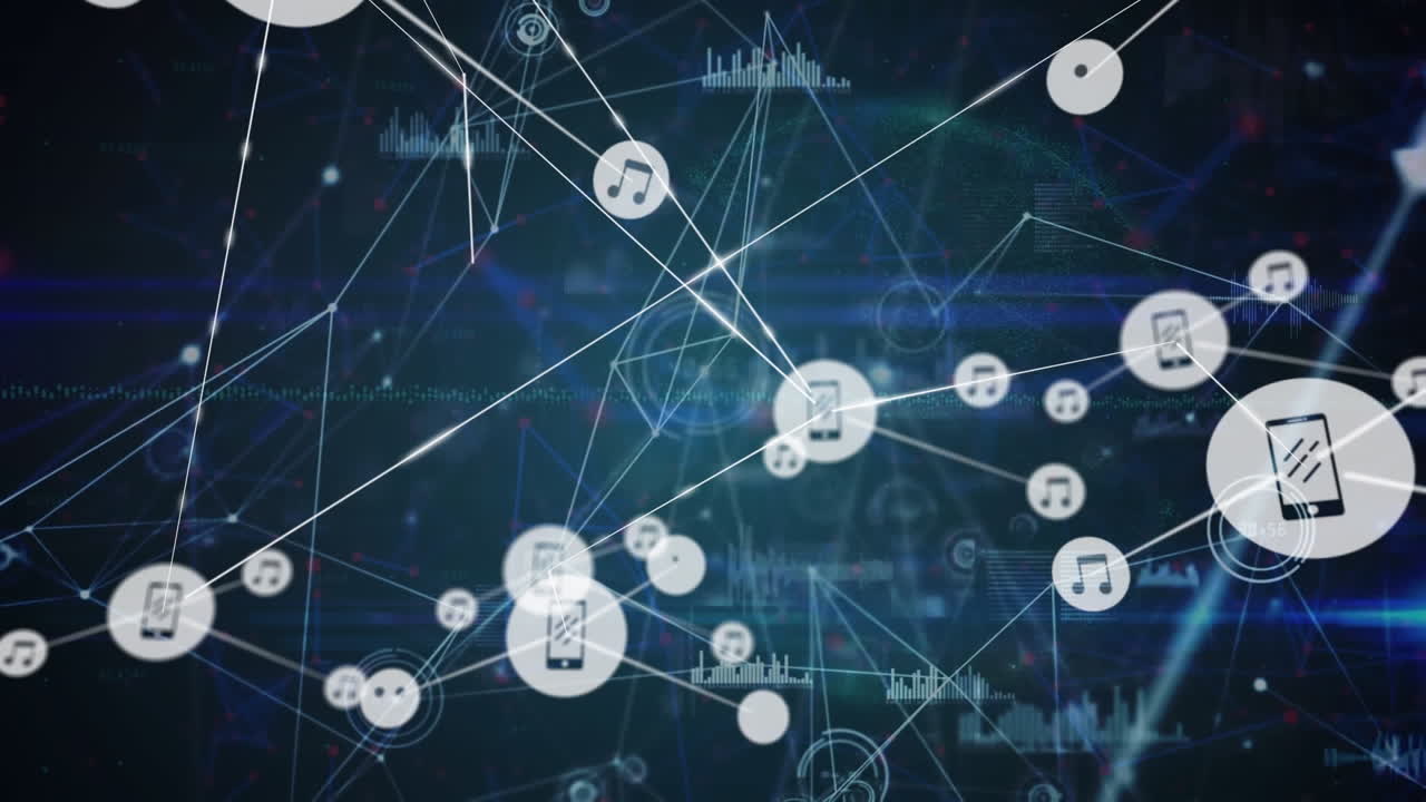 음악, 전화, 그래프, 타이머 아이콘의 애니메이션이 프로그래밍 언어를 통해 선으로 연결됩니다.
