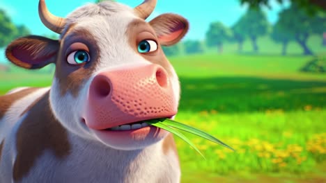 charming cartoon cow enjoying a sunny day in the meadow: a whimsical scene of nature featuring a playful and lively bovine character chewing grass