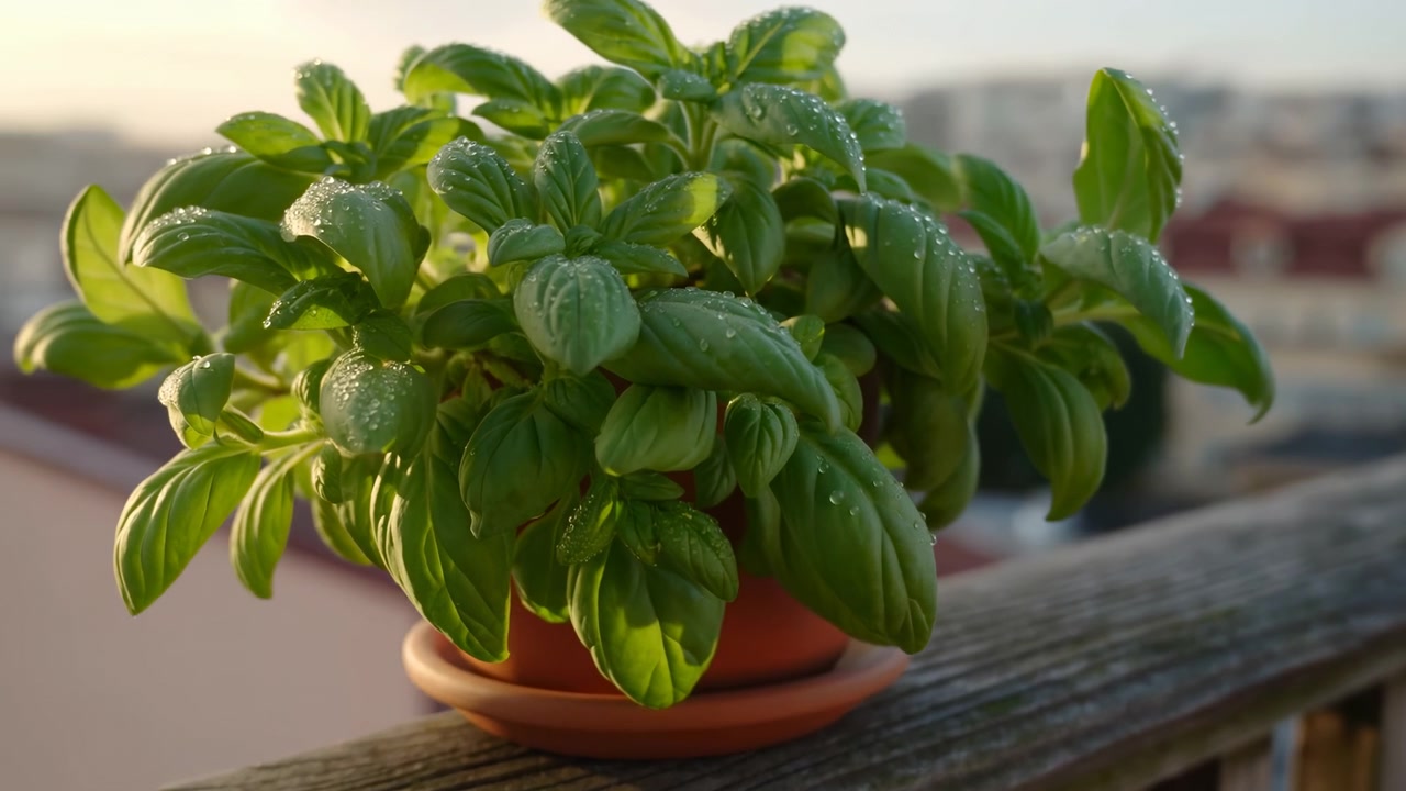 Pianta aromatica verde in vaso con foglie lucide che cresce su una ringhiera di legno invecchiata, illuminata da una calda luce solare con uno sfondo urbano delicatamente sfocato.