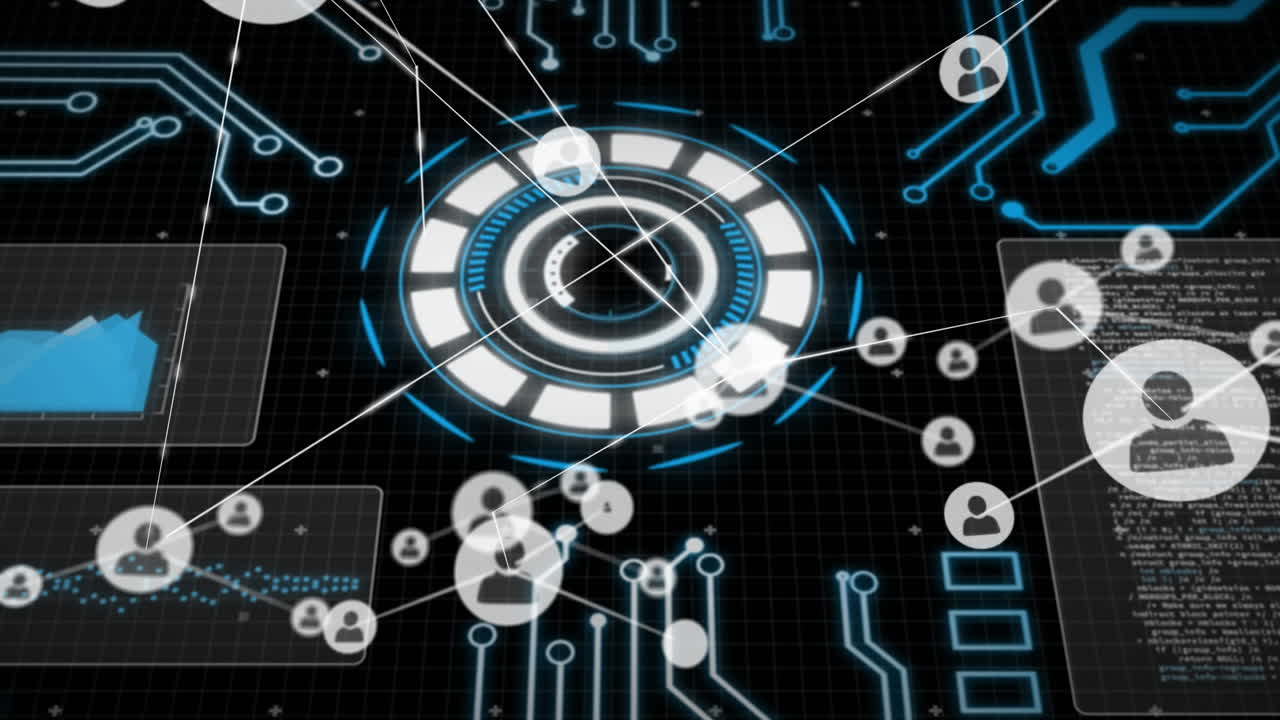 검은 바탕 위의 데이터 처리 및 연결 네트워크의 애니메이션