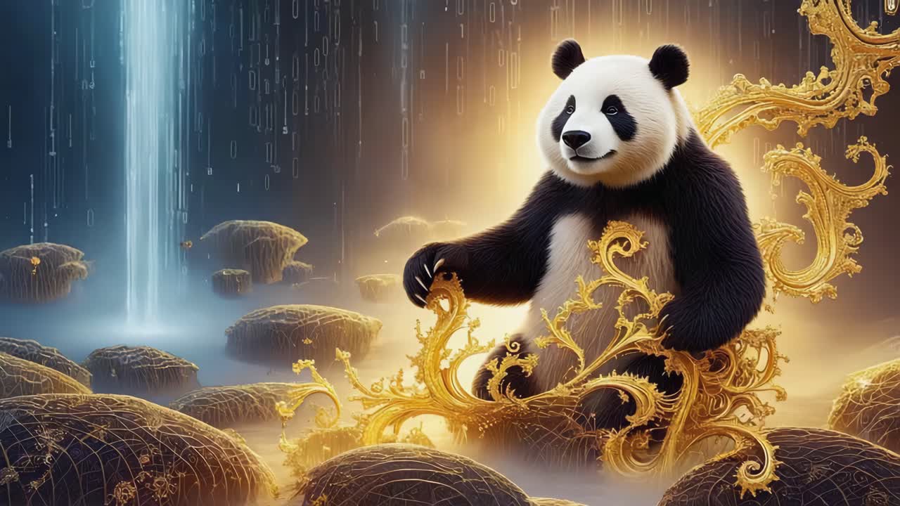 Mystical Panda in a Golden Realm with Ethereal Light