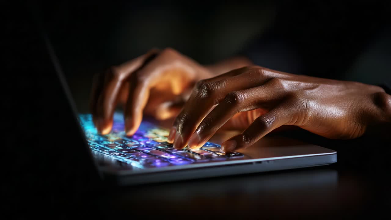 Close-Up of Hands Typing on a Backlit Laptop Keyboard, Illuminating the Keys with Vibrant Colors in a Dark Environment, Capturing the Essence of Modern Technology and Digital Communication