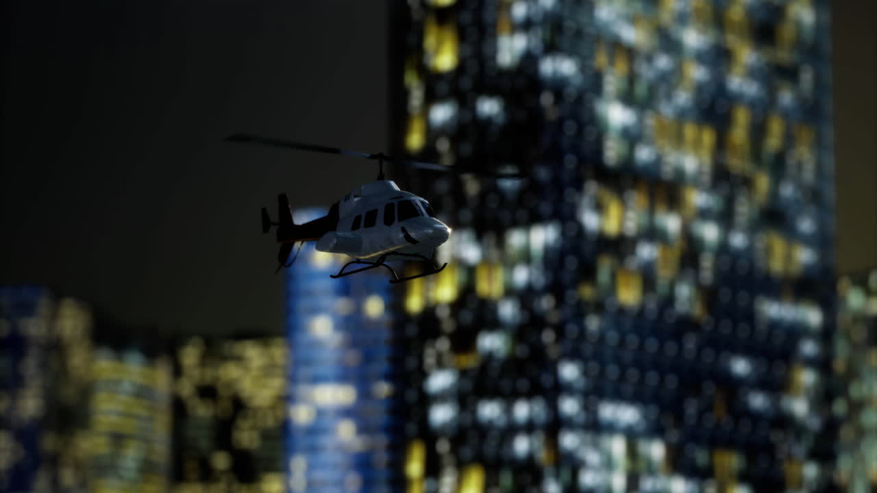 Helicopter flying over city at night with illuminated skyscrapers