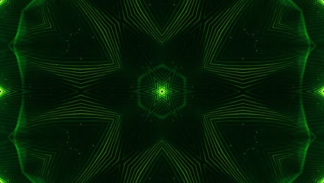 el fondo 3d de ciencia ficción en bucle de 4k con partículas verdes brillantes forman líneas, superficies, patrones, estructuras de caleidoscopio. estructuras de puntos simétricos de abstracción en movimiento.