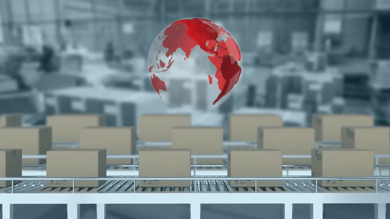 창고에 대항하는 컨베이어 벨트에 배달 상자 위에 회전하는 지구의 애니메이션