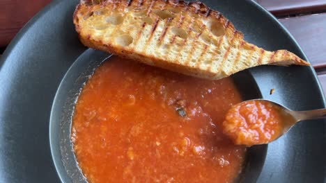 comiendo sopa de tomate fresco y caliente