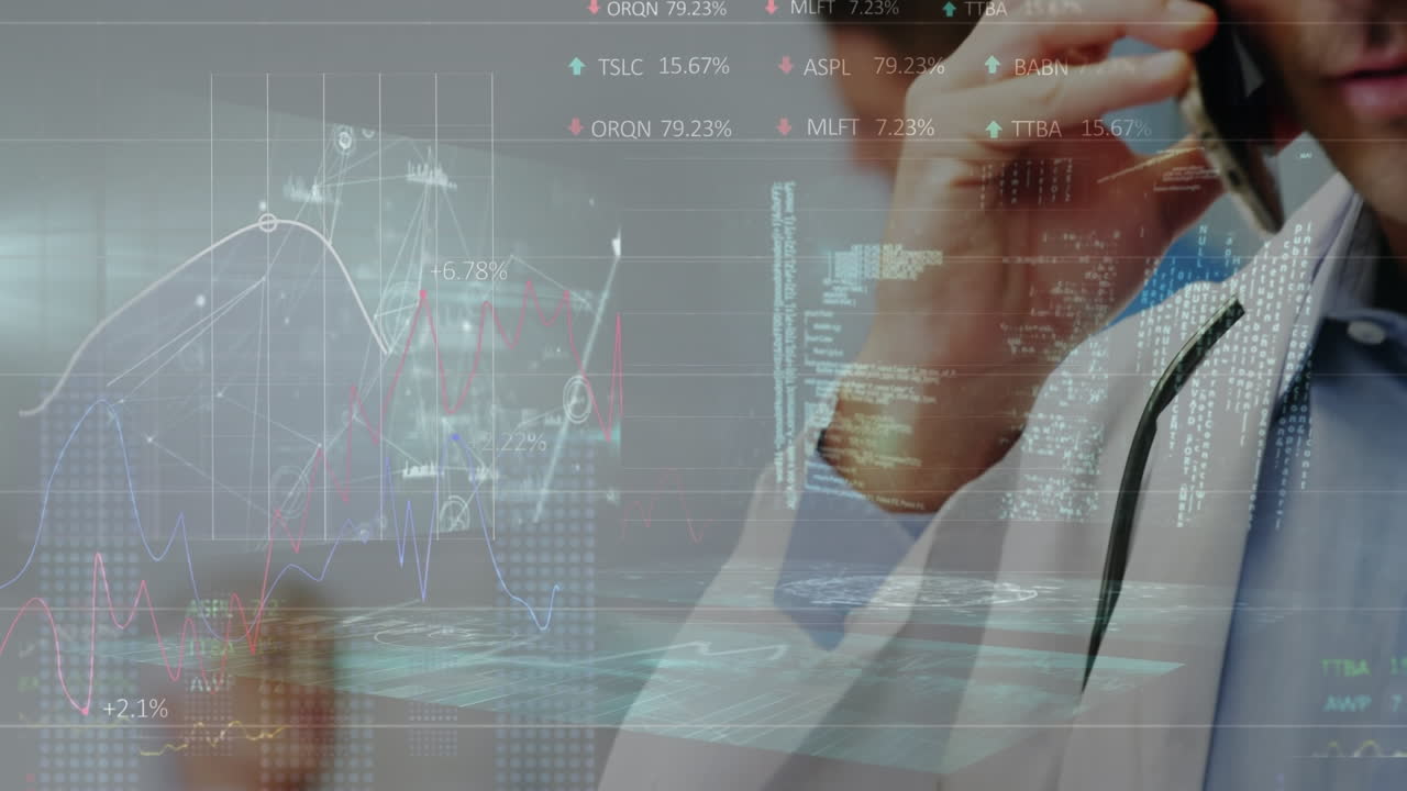 animación del procesamiento de datos financieros sobre un médico caucásico usando un teléfono inteligente