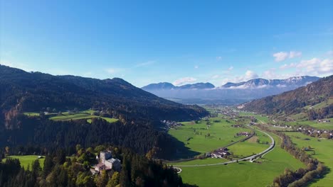 aerial, flight with the dji phantom 4 in tyrol, wonderful view over the brixental in direction inntal with the castle from itter.