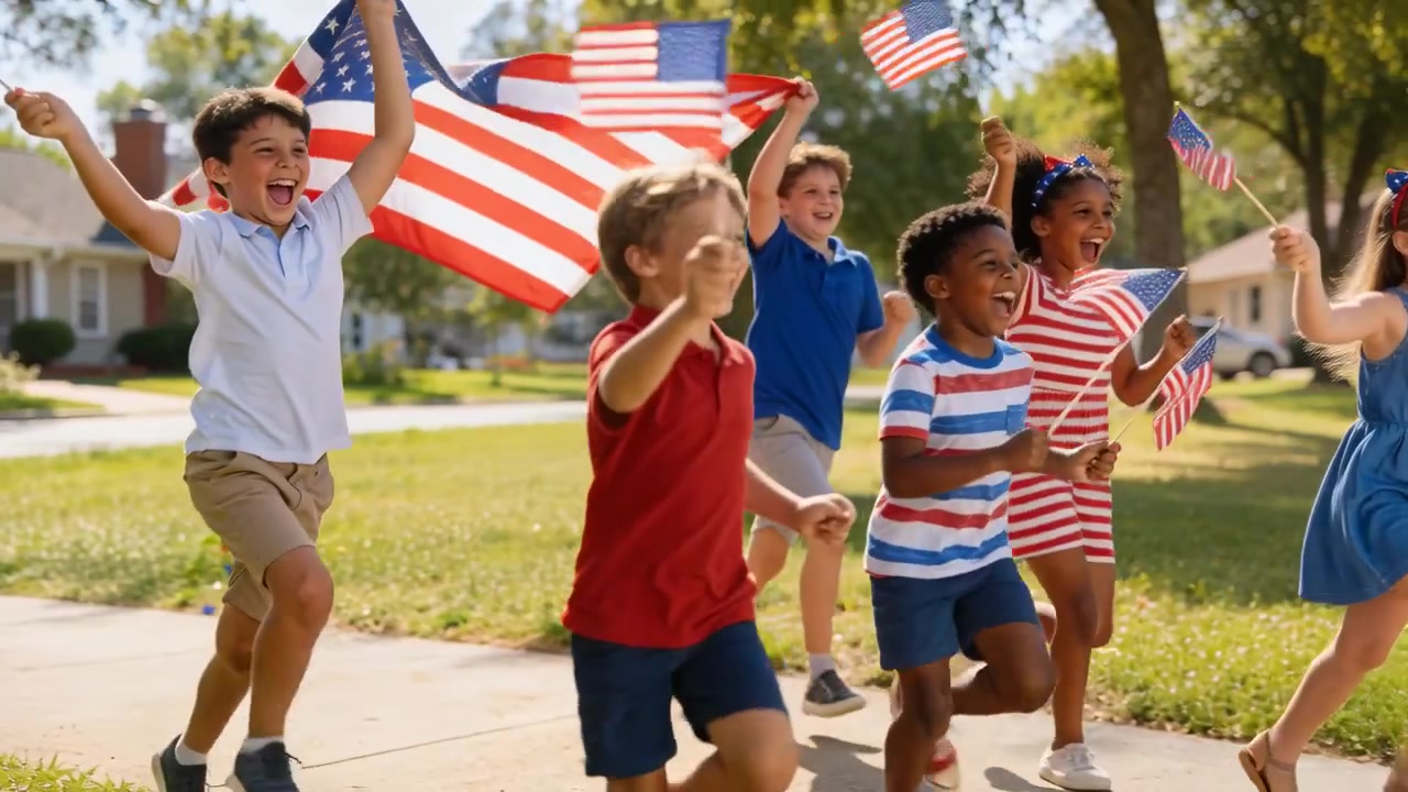Running school kids prompted by parade, waving US flags on suburban sidewalk in patriotic clothes