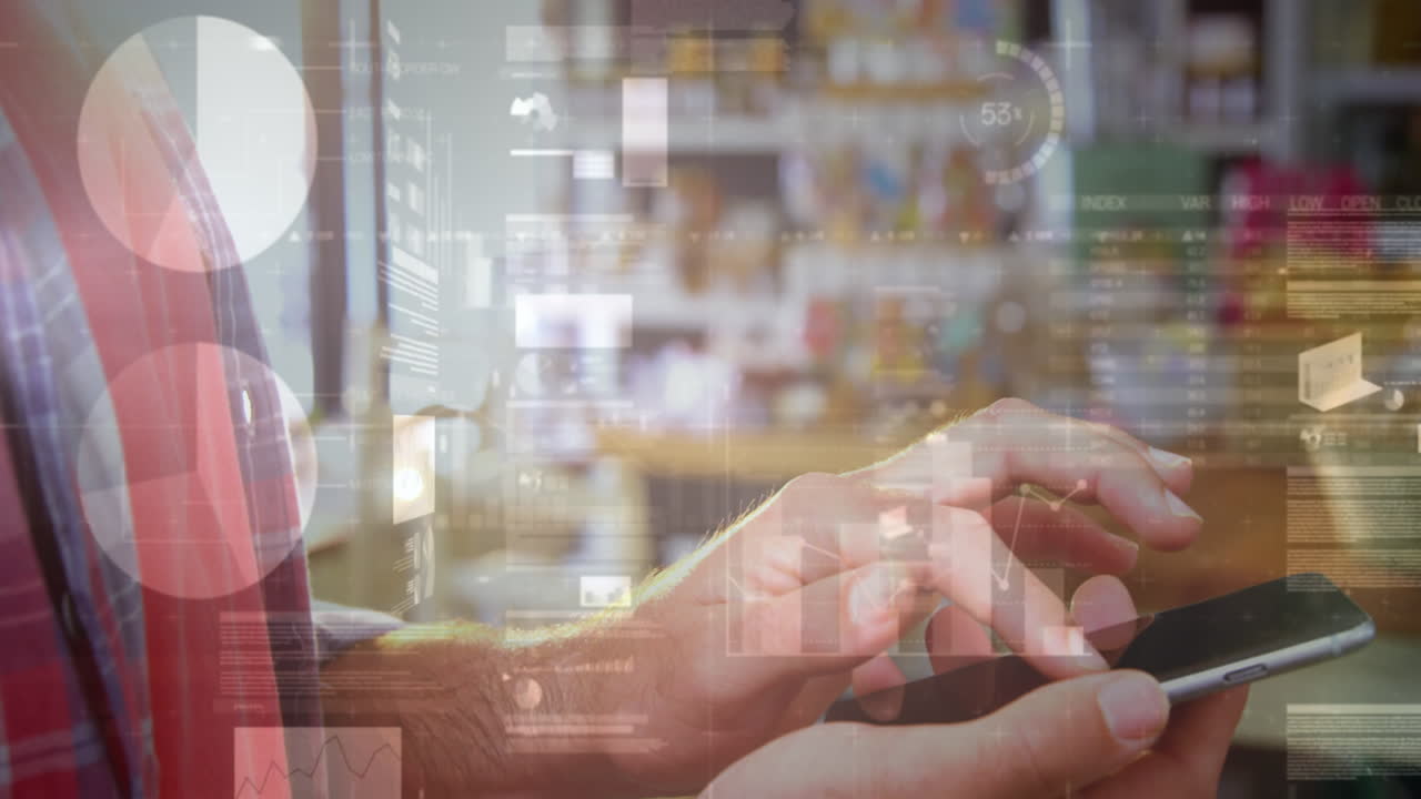 animación de estadísticas y procesamiento de datos sobre mujeres que usan teléfonos inteligentes