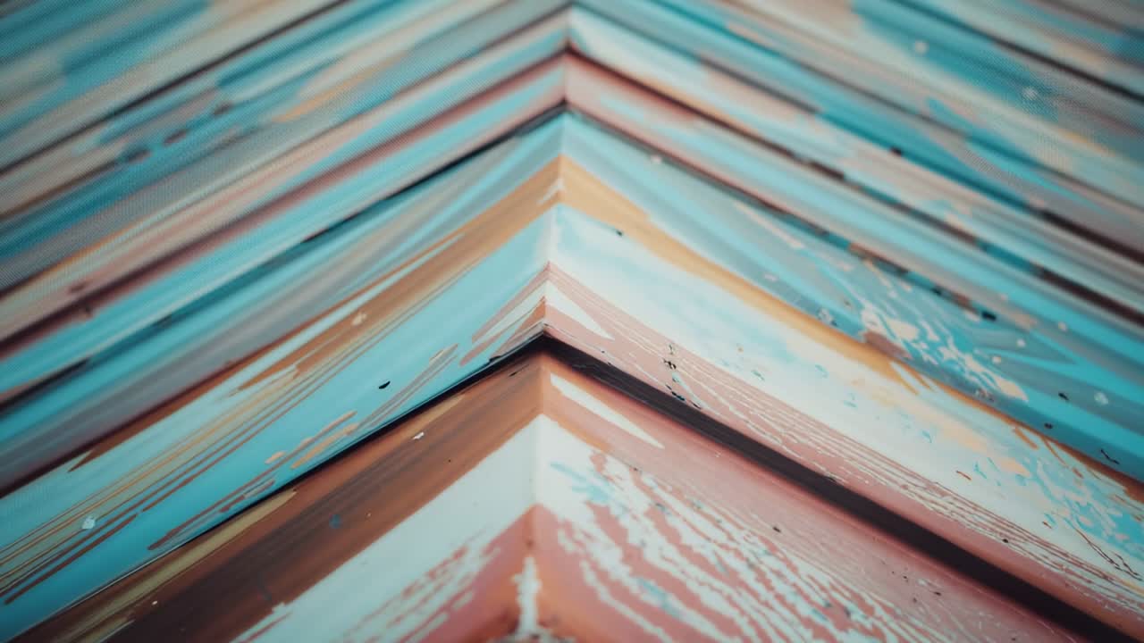 Camera pushing in on gable roof apex with chipped teal red paint, revealing wood grain textures