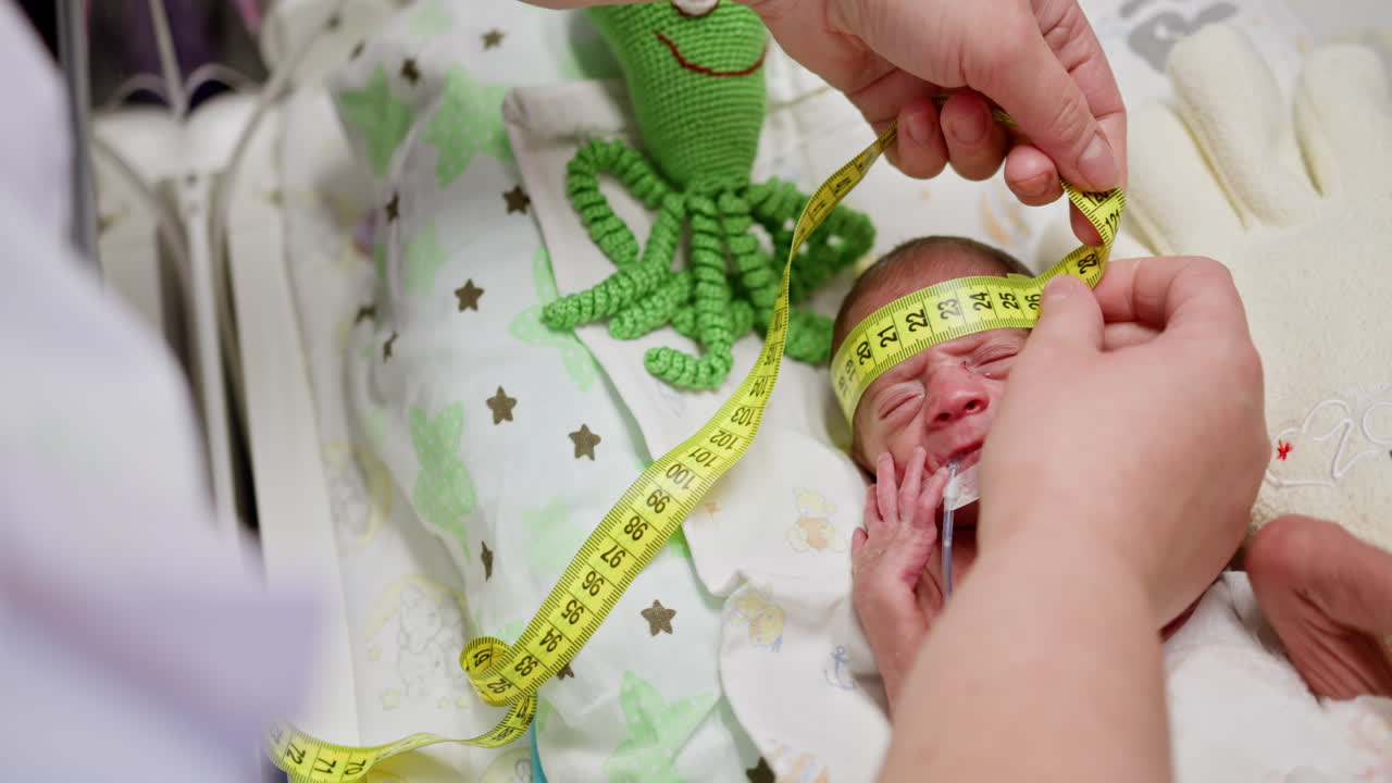 Measuring the head circumference of a newborn baby in a hospital