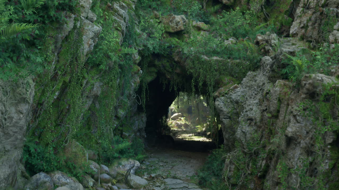 울창한 숲 속 의 신비 한 잔디 인 동굴 입구