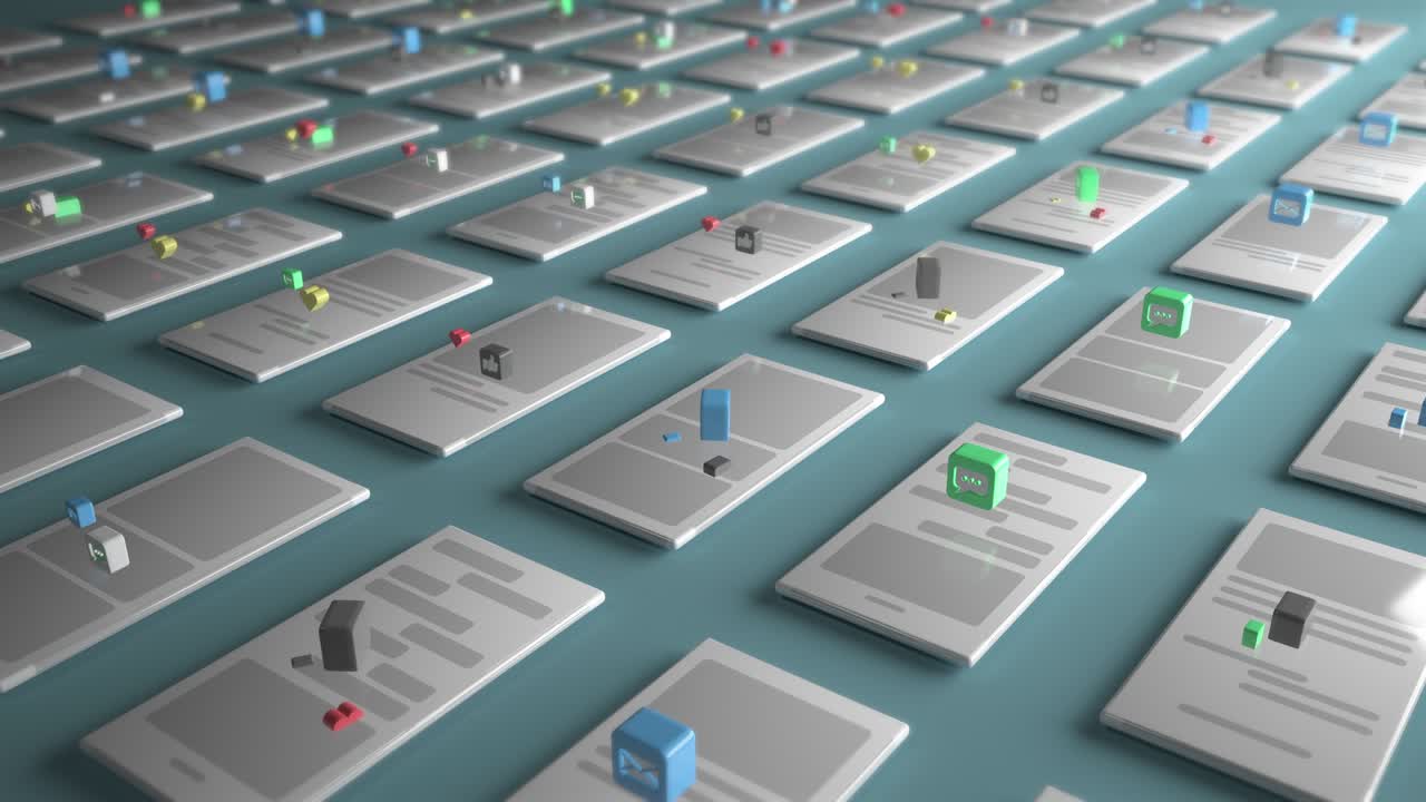 3d rendering of the background with the symbols like , thumbs up , received message , received email over mobile phones. The concept of a social network. Cyclic animation. Selective focus