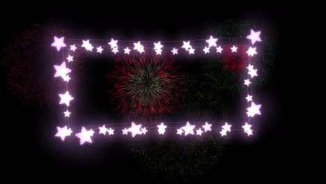 animación del marco de las luces de navidad de las estrellas con fuegos artificiales explotando en el cielo nocturno