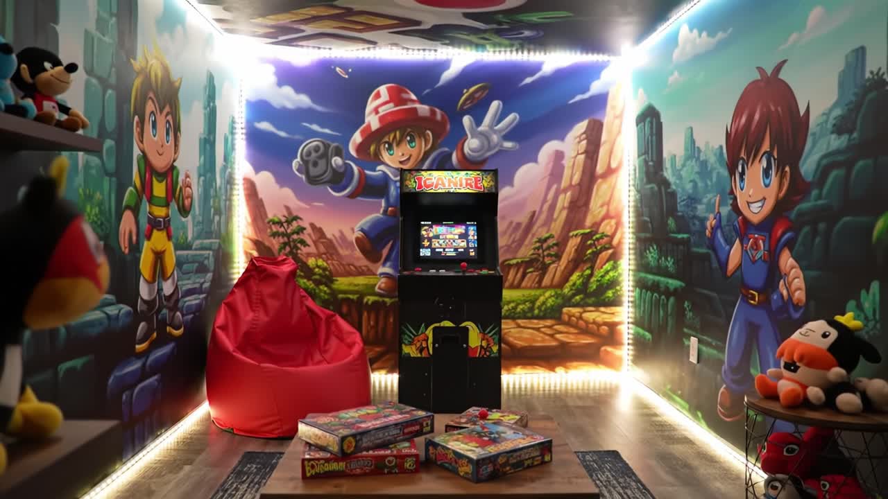 Colorful Gaming Room Featuring Classic Arcade Cabinet and Vibrant Murals of Animated Characters Surrounded by Plush Toys and Cozy Seating