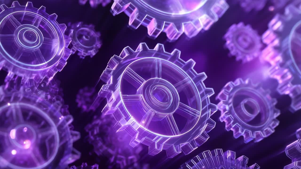 Futuristic purple gears rotating in unison, creating a seamless and glowing industrial mechanism. Technological precision and innovative engineering creating a complex, dark, abstract background