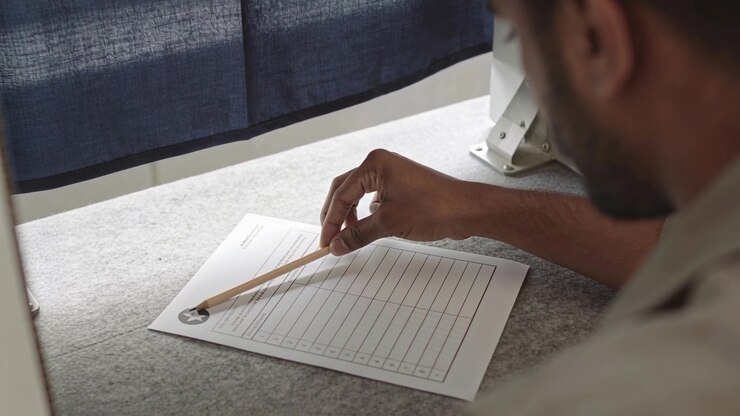 Pointing wooden pencil above emblem, man in light shirt moving tip along rows in booth, selecting