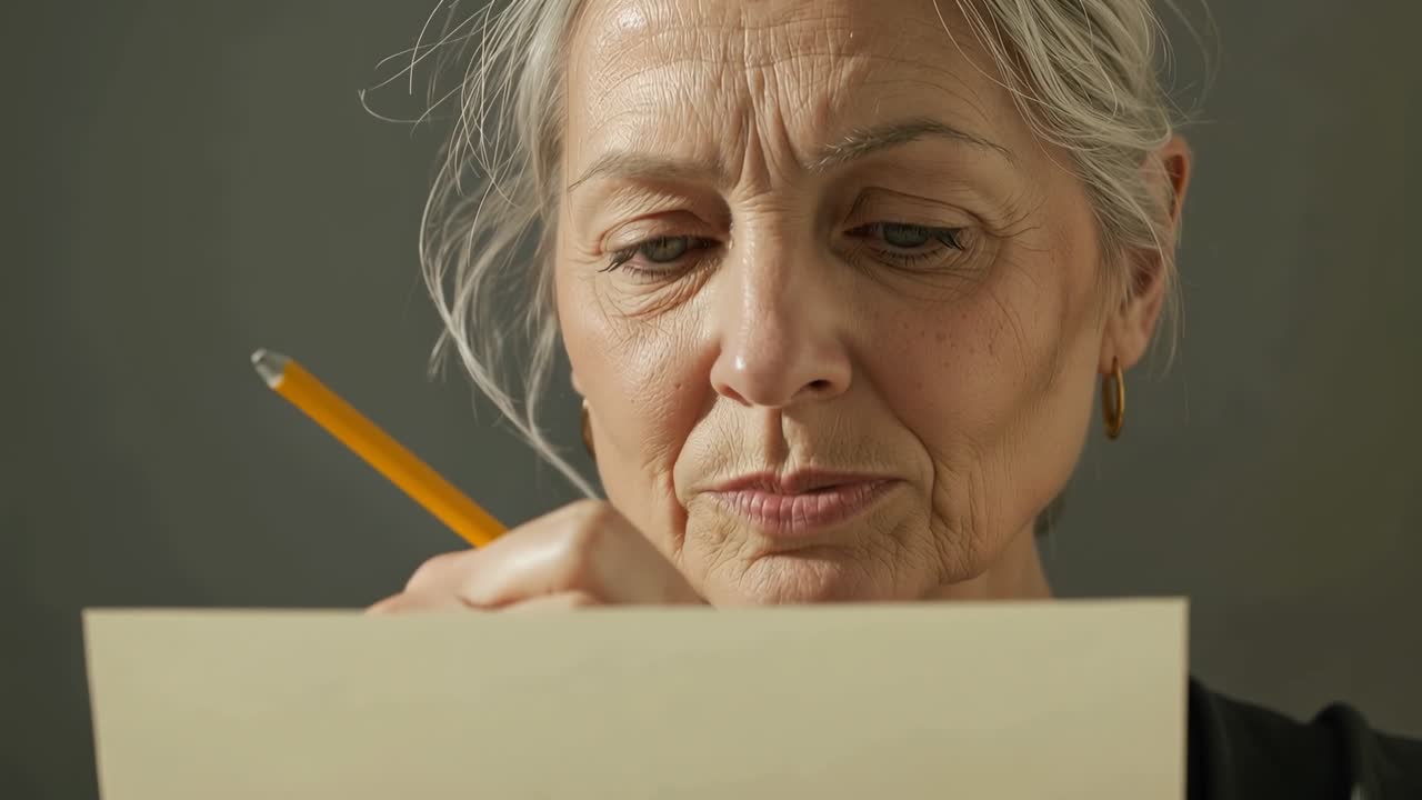 Opening eyes senior woman placing yellow pencil to sketch on cream paper at desk, gold hoops
