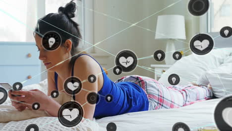 Animation-of-network-of-connections-with-heart-icons-over-caucasian-woman-using-smartphone