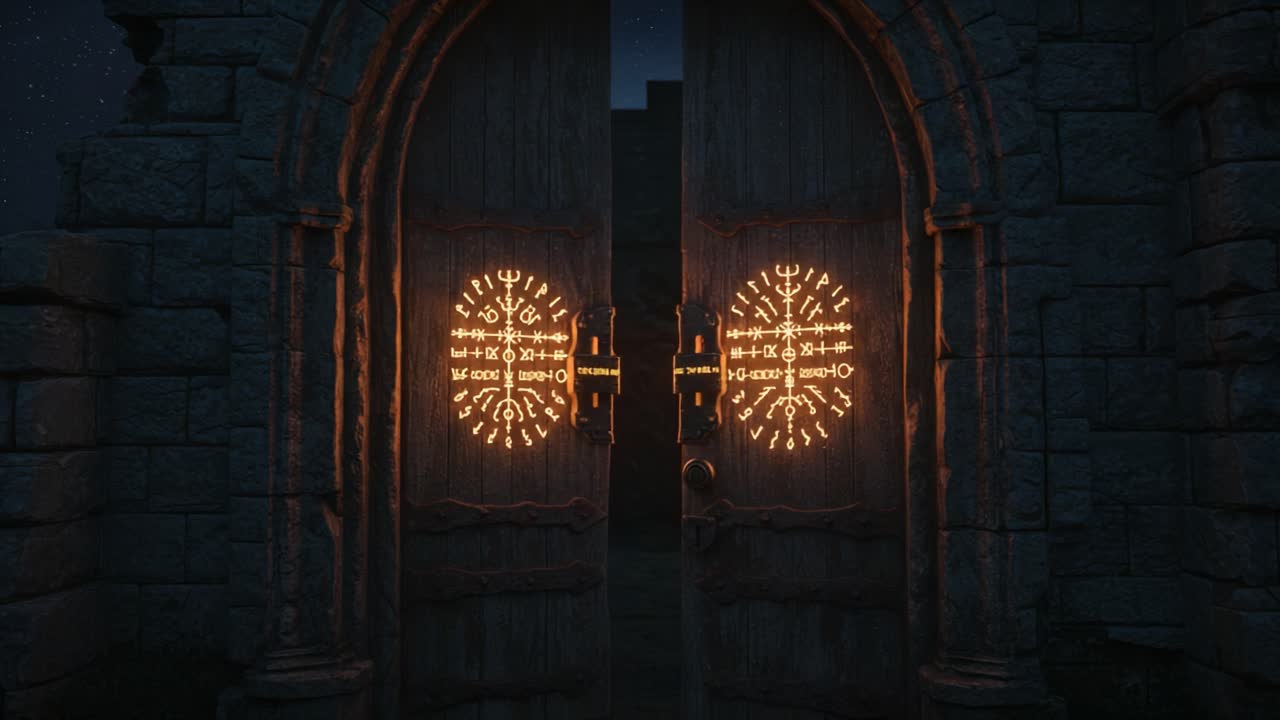 Mysterious Doorway: An Enigmatic Entrance Illuminated by Intricate Symbols in a Dark, Fantasy Setting, Inviting Exploration into the Unknown