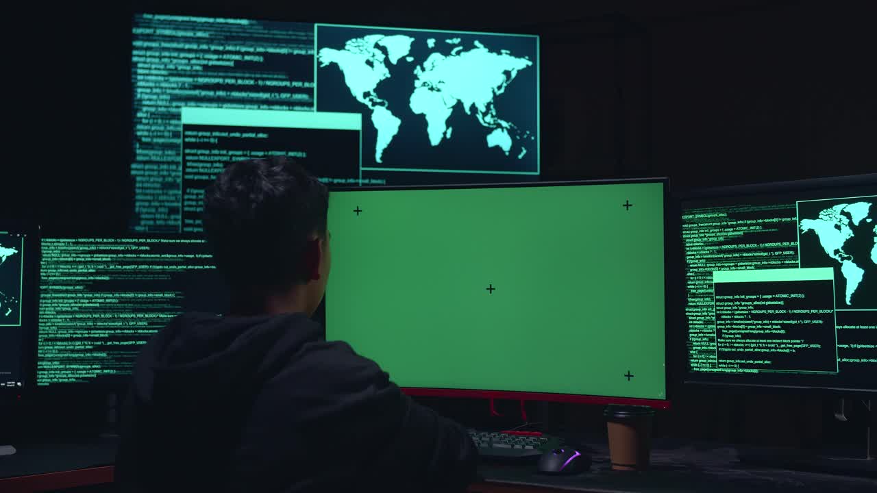 Child Hacker Hacking With Isolated Mock-Up Green Screen And Code On Multiple Computer Screens, Cyber Attack