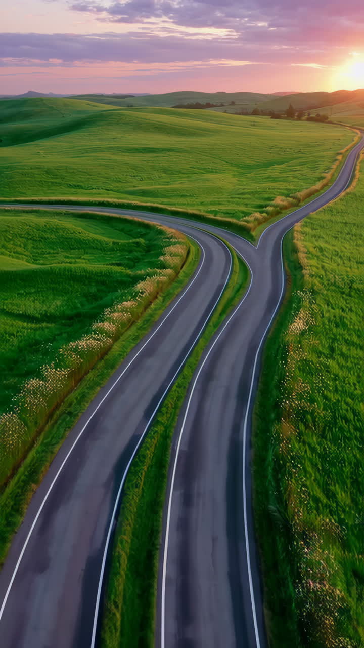 Fork in the Road in Green Fields at Sunset