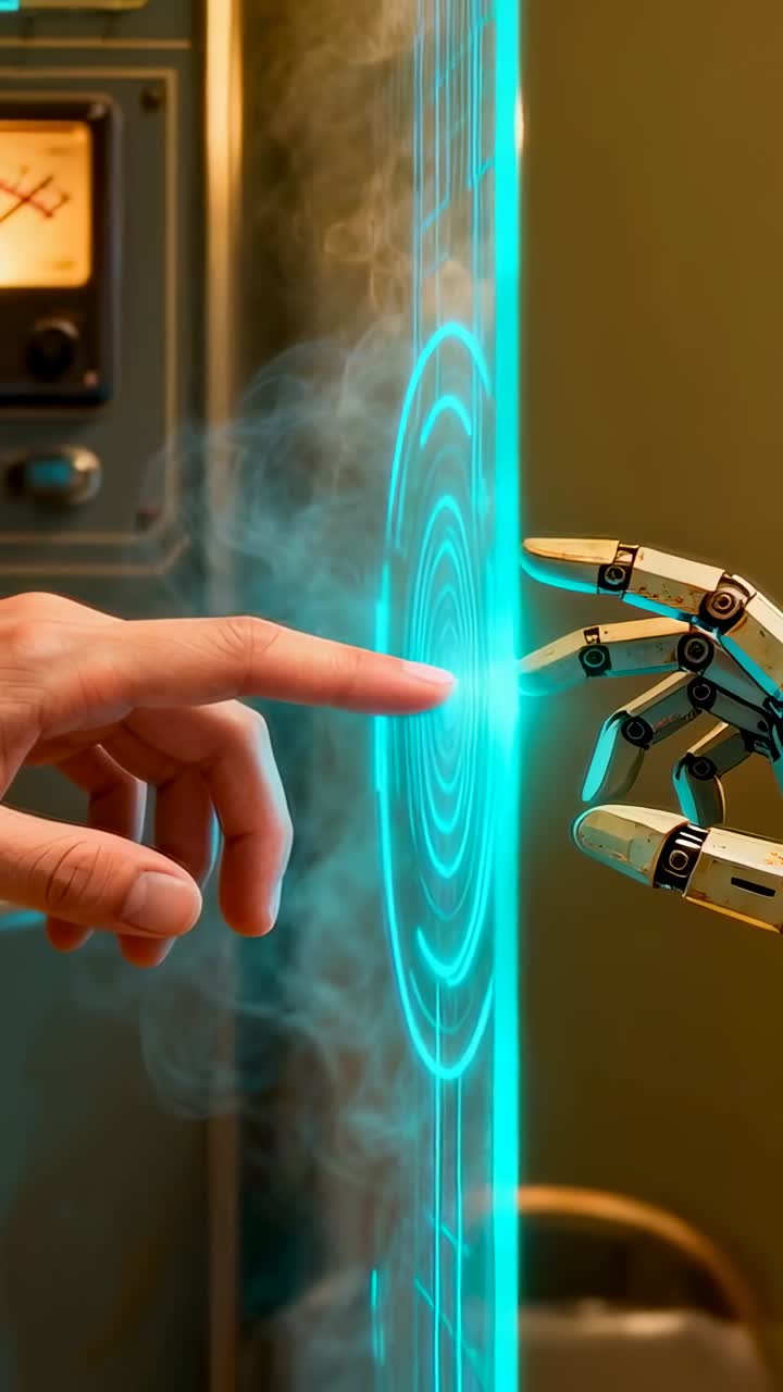 Video verticale: dito umano che si muove verso l'ologramma in un laboratorio, dito robotico che si abbina per collegarsi