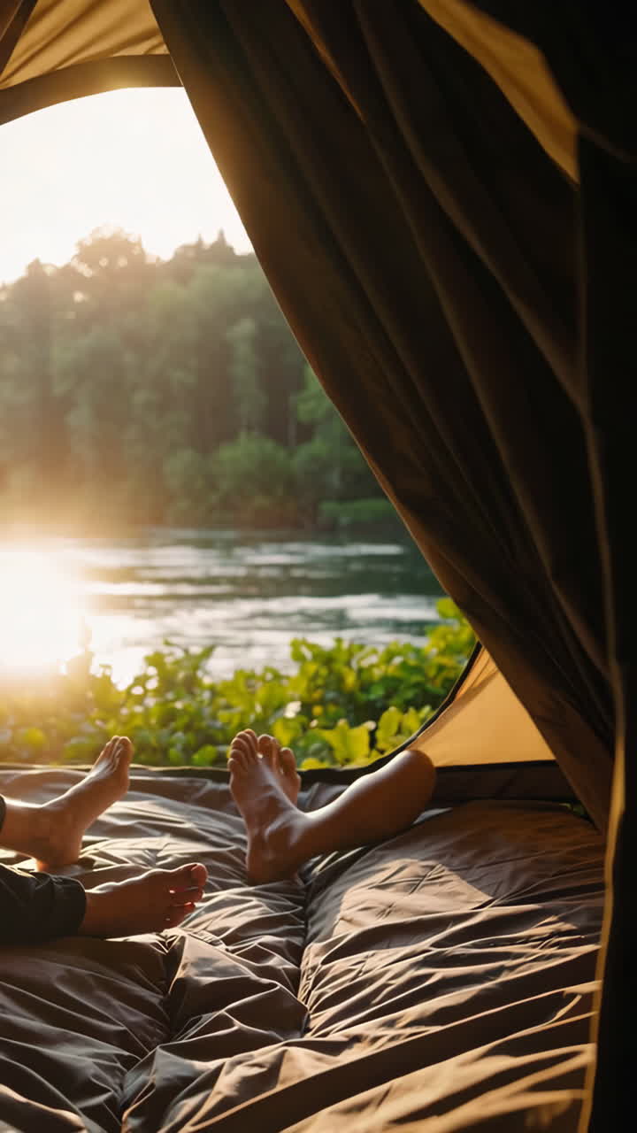 Relaxing Inside a Tent with a River View