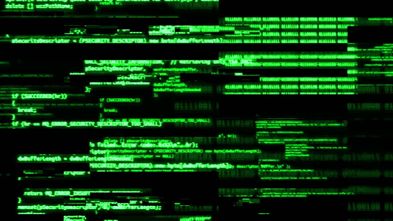 Digital glitches distorted source code scrolling loop animation green characters noise pixelated